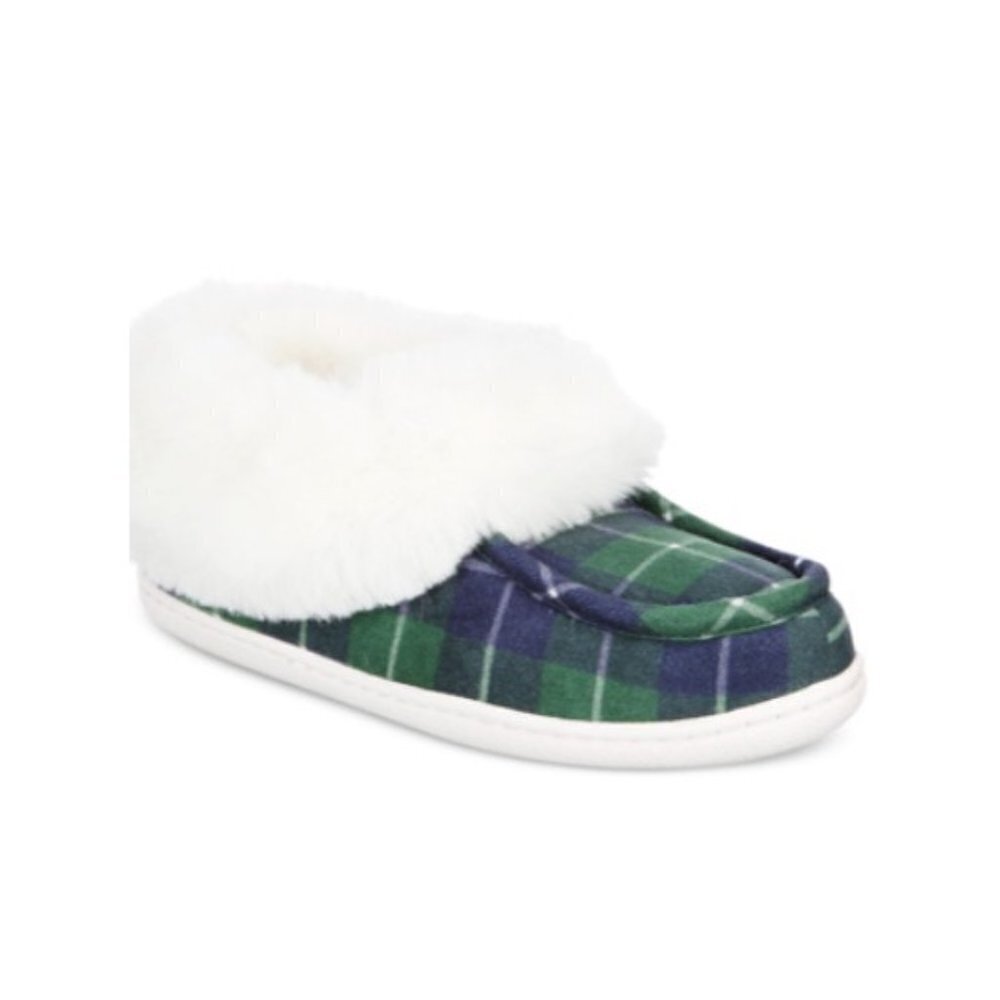 Charter Club Womens Size XL 11-12 Faux-Fur-Trim Emerald Green Plaid Slippers $35